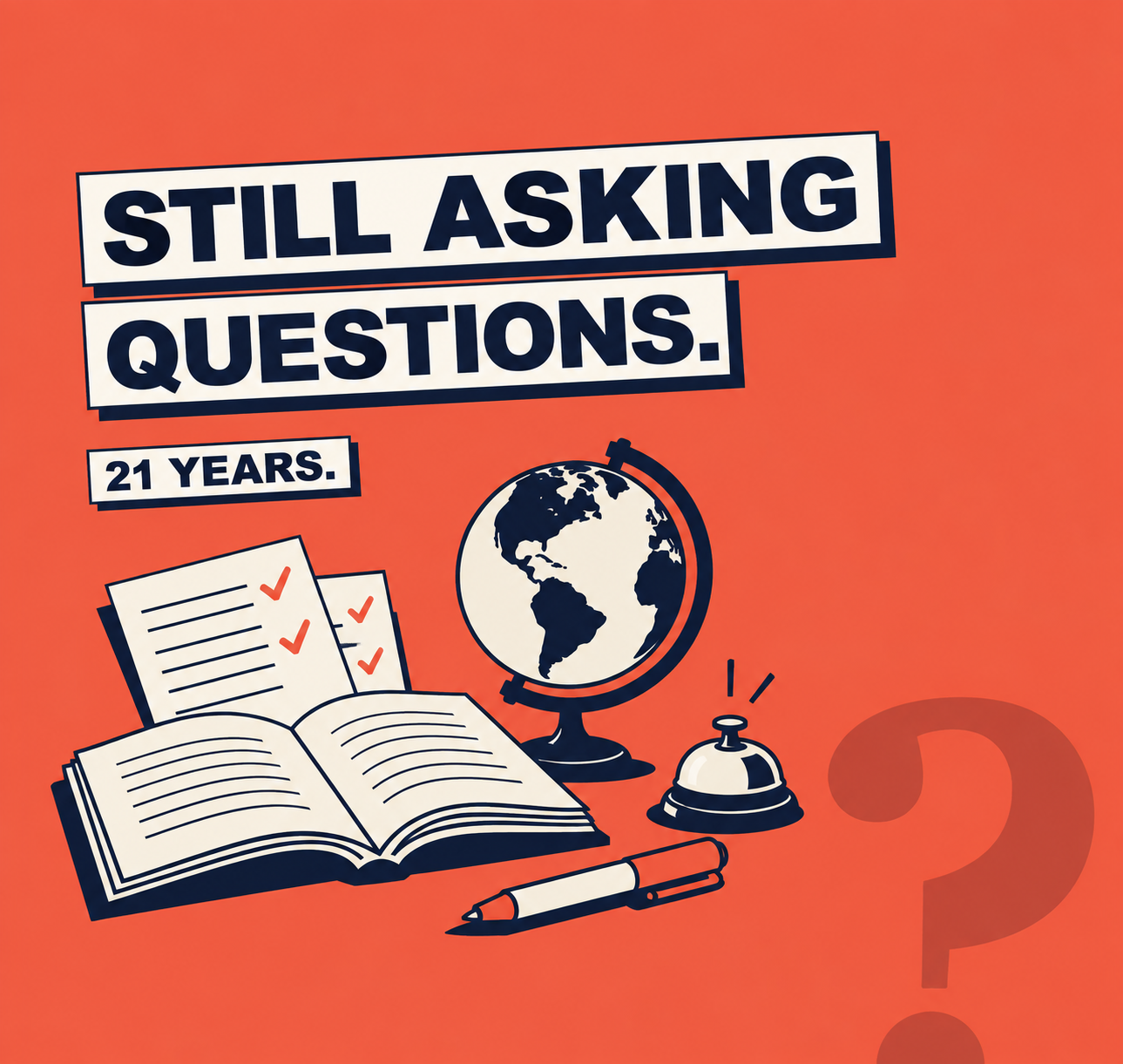 Editorial caricature of Josh Morris with the words Still asking questions and 21 years