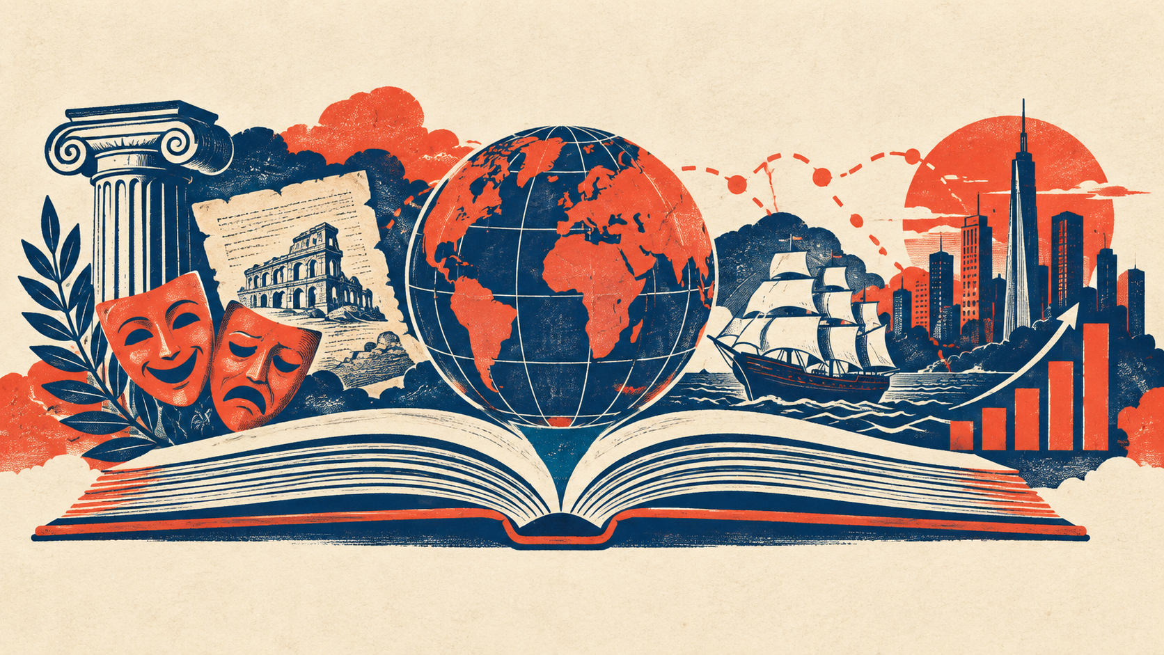 An illustrated open book surrounded by symbols of history, geography, culture and business.
